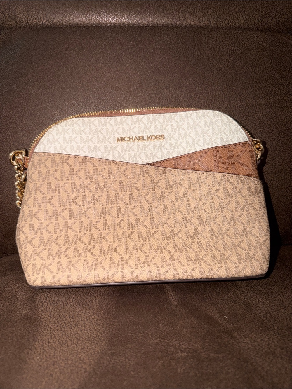 Michael Kors Tri-Tone Signature Crossbody in Beige, White & Brown